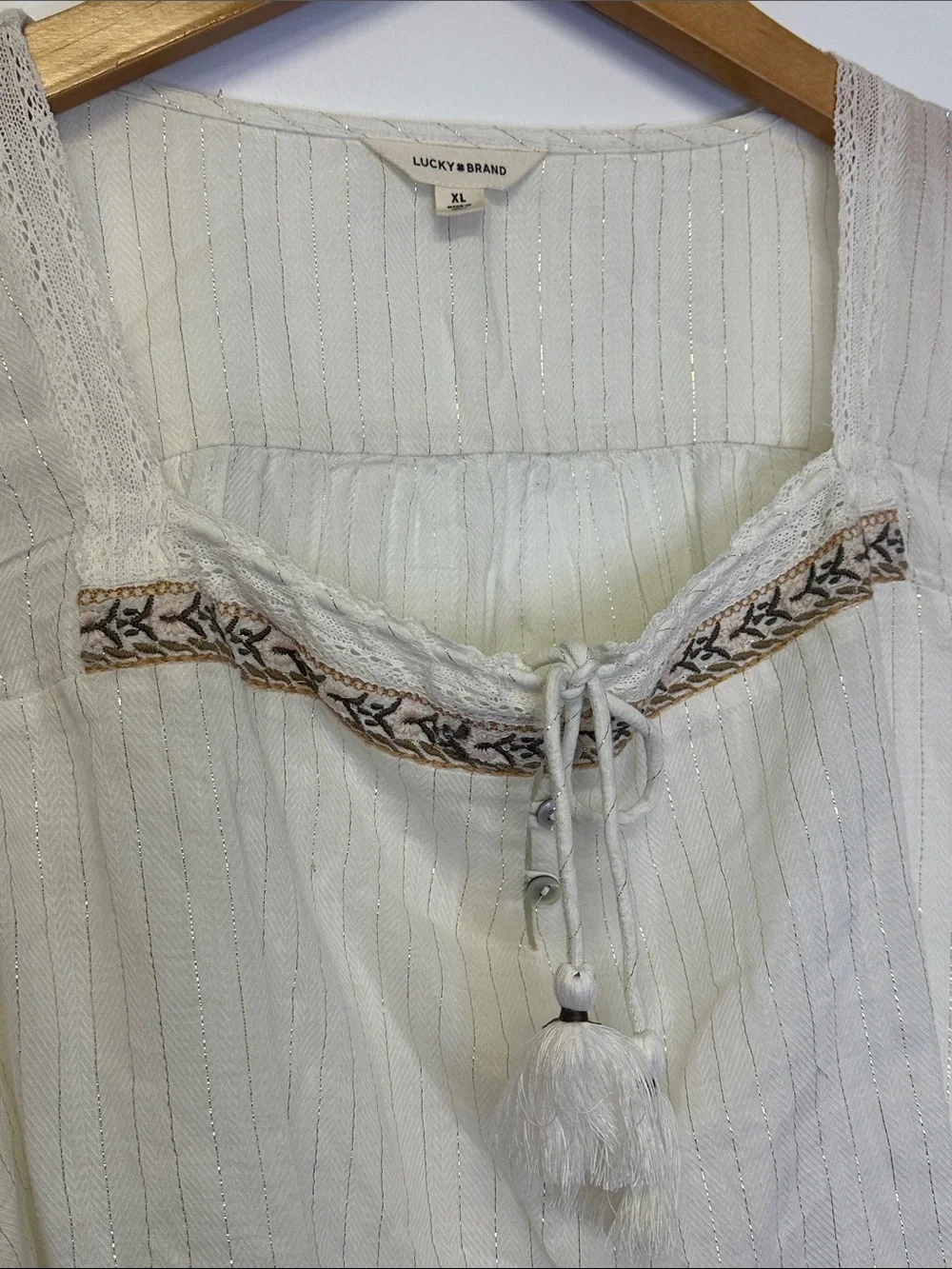 Lucky Brand Metallic Stripe Embroidered Cotton Peasant Top - Picture 3 of 6